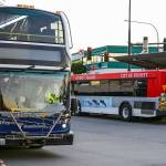 Sound Transit and Everett buses line up at Everett Station on Thursday. (Kevin Clark / The Herald)