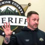 Sheriff Adam Fortney holds a press conference explaining why he reinstated two deputies who were fired for violating policy on Tuesday, Jan. 28, 2020 in Everett, Wash. (Andy Bronson / The Herald)