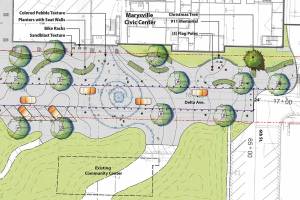 The design concept for the public plaza outside the Marysville's new civic center set to debut in spring 2022. (City of Marysville)