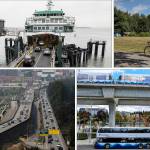 Clockwise from top left: The Mukilteo ferry terminal, a bike rider in Stanwoods Wenberg County Park, a Sound Transit bus at the Northgate light rail station in Seattle, and the U.S. 2 trestle between Everett and Lake Stevens. (Herald file photos)