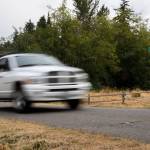 A truck drives along Dakota Way on Thursday in Everett. A resident there has recorded dozens of fast, loud cars in his argument for road changes. (Olivia Vanni / The Herald)
