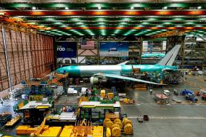 A Boeing 777 freighter is seen in final assembly at Boeing's Everett Production Facility Wednesday, June 15, 2022 in Everett, Wash. (Jennifer Buchanan/The Seattle Times via AP, Pool)