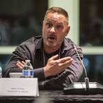 Snohomish County Sheriff candidate Adam Fortney during an Everett Council of Neighborhoods forum on Monday, Oct. 16, 2023 in Everett, Washington. (Olivia Vanni / The Herald)