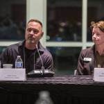 Snohomish County Sheriff candidates Adam Fortney Susanna Johnson during an Everett Council of Neighborhoods forum on Monday, Oct. 16, 2023 in Everett, Washington. (Olivia Vanni / The Herald)
