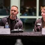 Snohomish County Sheriff candidates Adam Fortney Susanna Johnson during an Everett Council of Neighborhoods forum on Monday, Oct. 16, 2023 in Everett, Washington. (Olivia Vanni / The Herald)