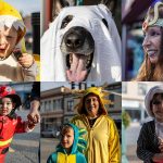 Top left to bottom right: Nova Eckaus, 2, Dax, 5, Robin Roth, Ernest Salvator-Thaete, 2, Kannon S., 6, Sheila S., and Callum, 3. A collection of portraits from the Downtown Trick or Treat event in Monroe, Washington on Tuesday, Oct. 31, 2023. Children, teens and families walked Main Street to collect candy from local businesses. Dogs sported costumes as well and decorations adorned buildings. (Annie Barker / The Herald)