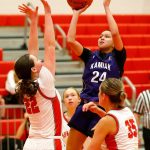 Kamiak senior Bella Hasan shoots a floater against Stanwood on Thursday, Nov. 30, 2023, at Stanwood High School in Stanwood, Washington. (Ryan Berry / The Herald)