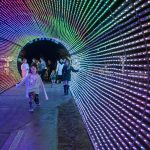 People walk through a tunnel of lights at Evergreen Church in Bothell, Washington, on Monday, Dec. 11, 2023. (Annie Barker / The Herald)