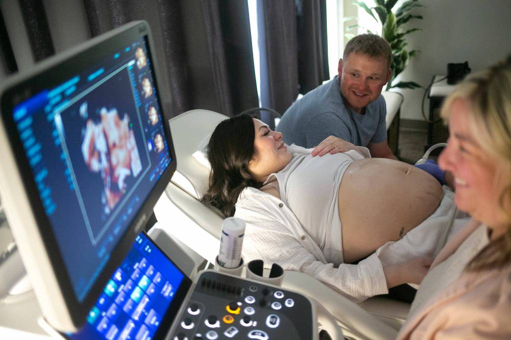 Franchesca and Don Simpson talk about their baby girls chubby cheeks and button nose as Kelly Fox performs a live-view 3D ultrasound on the expecting mother Saturday, Aug. 26, 2023, at Wonder Baby Ultrasound Studio in Everett, Washington. (Ryan Berry / The Herald)