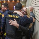 Olivia Vanni / The Herald
Snohomish County Sheriffs Office detective Kendra Conley hugs Everett police Lt. Tim Collings after Richard Rotter was found guilty on April 3 in Everett. Rotter got life without parole for slaying Everett police officer Dan Rocha in March 2022.