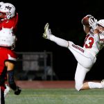 Snohomish senior wideout Ryan Steppe comes down with a touchdown catch with 2 seconds remaining in the first half of a matchup against against Mountlake Terrace on Friday, Sept. 8, 2023, at Edmonds Stadium in Edmonds, Washington. (Ryan Berry / The Herald)