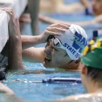 Woodinville senior Levi Major shouts about missing a time by .01 seconds after finishing the 100 yard freestyle consolation race at the 4A WIAA Boys High School Swim and Dive Championships on Friday, Feb. 18, 2023, at the Weyerhaeuser King County Aquatic Center in Federal Way, Washington. (Ryan Berry / The Herald)
