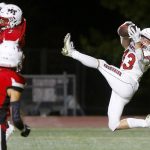 Snohomish senior wideout Ryan Steppe comes down with a touchdown catch with 2 seconds remaining in the first half of a matchup against against Mountlake Terrace on Friday, Sept. 8, 2023, at Edmonds Stadium in Edmonds, Washington. (Ryan Berry / The Herald)