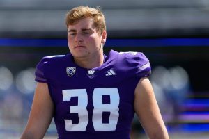 Washington punter Jack McCallister walks on the field before an NCAA college football game against Tulsa, Saturday, Sept. 9, 2023, in Seattle. (AP Photo/Lindsey Wasson)
