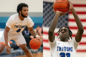 Edmonds Colleges Naser Motley (4) and Josiah Pierre (23) play for the Tritons in this composite image during a game against Christian Faith on Thursday, Jan. 4, 2024, at Seaview Gym in Lynnwood, Washington. (Ryan Berry / The Herald)