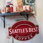 A shelf of memorabilia of Dave Stewarts coffee businesses sit on display on Tuesday, Jan. 9, 2024 in Snohomish, Washington. (Olivia Vanni / The Herald)