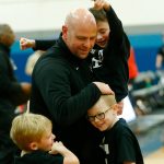 Edmonds College head coach Kyle Gray celebrates a win over Everett Community College on Feb. 7 at Seaview Gym in Lynnwood. (Ryan Berry / The Herald)