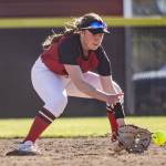 Snohomishs Camryn Sage fields the ball during the game against Glacier Peak on Friday, March 15, 2024 in Snohomish, Washington. (Olivia Vanni / The Herald)