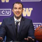 University of Washingtons new mens basketball coach Danny Sprinkle meets the news media Wednesday in Seattle. (Ken Lambert/The Seattle Times via AP)