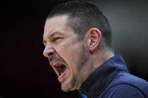 Montana State coach Matt Logie shouts during the first half of the teams First Four game against Grambling State in the NCAA mens college basketball tournament March 20 in Dayton, Ohio. (AP Photo/Aaron Doster)