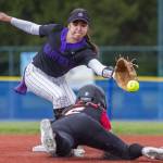 Snohomishs Avery Clark safely slides into second base during the 3A state softball semifinal game against Garfield on Saturday, May 25, 2024 in Lacey, Washington. (Olivia Vanni / The Herald)