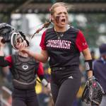 Snohomishs Alexandra Flohr celebrates getting an out during the 3A state softball semifinal game against Garfield on Saturday, May 25, 2024 in Lacey, Washington. (Olivia Vanni / The Herald)