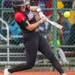 Snohomishs Allison Rush gets a hit during the 3A state softball semifinal game against Garfield on Saturday, May 25, 2024 in Lacey, Washington. (Olivia Vanni / The Herald)