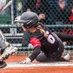 A Snohomish player slides into home to score a run during the 3A state softball semifinal game against Garfield on Saturday, May 25, 2024 in Lacey, Washington. (Olivia Vanni / The Herald)