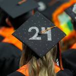 A graduates mortarboard bares a sparkling 24 during Monroe High Schools 2024 commencement on Wednesday, June 12, 2024, at Angel of the Winds Arena in Everett, Washington. (Ryan Berry / The Herald)