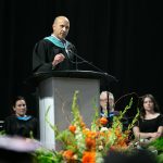 Principal Brett Wille speaks to his students one last time during Monroe High Schools 2024 commencement on Wednesday, June 12, 2024, at Angel of the Winds Arena in Everett, Washington. (Ryan Berry / The Herald)