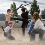 Kids feign battle during the Washington Midsummer Renaissance Faire at Sky Meadows Park in Snohomish, Washington on Sunday, Aug. 06, 2023. (Annie Barker / The Herald)