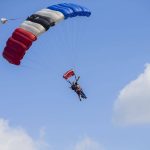 Kim Knor, 85, in tandem with Skydive Snohomishs Kelly Craig, descends after her 730th skydive on her journey to 1,000 skydives on Wednesday, Aug. 14, 2024 in Snohomish, Washington. (Olivia Vanni / The Herald)