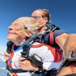 Kim Knor and Kelly Craig free fall during Knors skydive on Wednesday, Aug. 14, 2024, in Snohomish, Washington. (Courtesy of Skydive Snohomish)