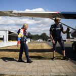 Kim Knor walks out the airplane for her 730th skydive on Wednesday, Aug. 14, 2024 in Snohomish, Washington. (Olivia Vanni / The Herald)
