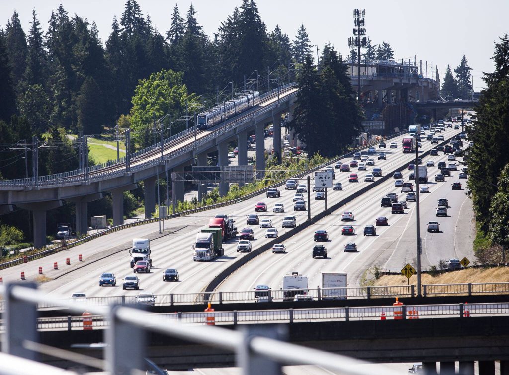 A Link light rail train moves northbound toward the Shoreline South station on Wednesday, Aug. 28, 2024 in Shoreline, Washington. (Olivia Vanni / The Herald)