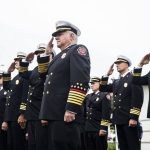 South County firefighters salute during the 9/11 Memorial Ceremony at the downtown Edmonds Fire Station on Wednesday, Sept. 11, 2024. (Olivia Vanni / The Herald)