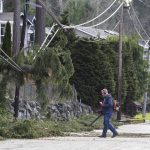 Rich Bardue holds a coffee while he uses his leaf blower to clear debris from a downed tree off of South Lake Stevens Road on Wednesday, Nov. 20, 2024 in Lake Stevens, Washington. (Olivia Vanni / The Herald)
