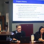 Ben Franz highlights information on the stadium project during a presentation on Wednesday, Dec. 18, 2024, in Everett, Washington. (Olivia Vanni / The Herald)