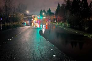 In Lynnwood, 44th Avenue W was closed Wednesday morning due to flooding. (Photo provided by the Lynnwood Police Department)