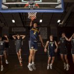 Left to right, Mountlake Terraces Zaveon Jones, Glacier Peaks Jo Lee, Everetts Isaiah White, Arlingtons Leyton Martin, Jacksons Ryan McFerran, and Mountlake Terraces Jaxon Dubiel pose for a photo at Arlington High School on Sunday, March 24, 2024 in Arlington, Washington. (Annie Barker / The Herald)