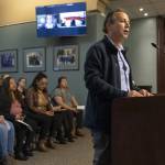 Connect Casino Road Director Alvaro Gullien speaks at an Everett City Council meeting to share community thoughts regarding affordable housing and preventing displacement of those who live along Casino Road on Wednesday, April 16, 2025 in Everett, Washington. (Olivia Vanni / The Herald)