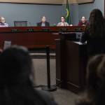 The Everett City Council listens as Casino Road residents share their concerns about possible displacement and rent increases on Wednesday, April 16, 2025 in Everett, Washington. (Olivia Vanni / The Herald)