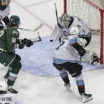 Everett Silvertips forward Shea Busch takes a shot on goal during game seven of the second round of the WHL playoffs against the Portland Winterhawks on Tuesday, April 22, 2025 in Everett, Washington. (Olivia Vanni / The Herald)