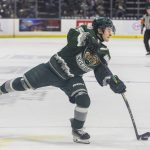 Everett Silvertips forward Lukas Kaplan shoots the puck during game seven of the second round of the WHL playoffs against the Portland Winterhawks on Tuesday, April 22, 2025 in Everett, Washington. (Olivia Vanni / The Herald)