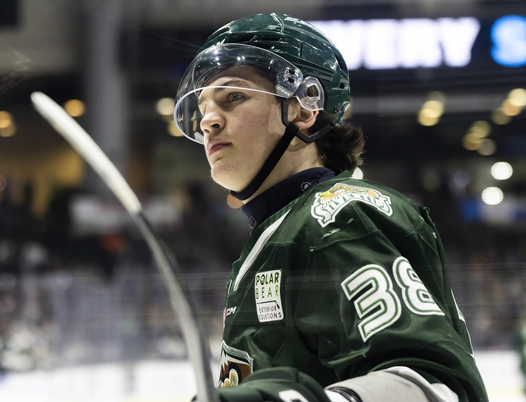 Everett Silvertips forward Shea Busch skates behind the goal during game seven of the second round of the WHL playoffs against the Portland Winterhawks on Tuesday, April 22, 2025 in Everett, Washington. (Olivia Vanni / The Herald)
