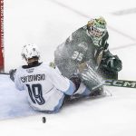 Everett Silvertips goalie Raiden LeGall tries to block a shot during game seven of the second round of the WHL playoffs against the Portland Winterhawks on Tuesday, April 22, 2025 in Everett, Washington. (Olivia Vanni / The Herald)