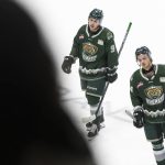 Everett Silvertips Landon DuPont and Tarin Smith skate off the ice after Portland Winterhawks score in an open net in the final minute of game seven of the second round of the WHL playoffs on Tuesday, April 22, 2025 in Everett, Washington. (Olivia Vanni / The Herald)