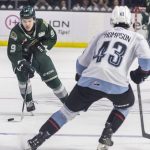 Everett Silvertips defenseman Landon DuPont skates with the puck during game seven of the second round of the WHL playoffs against the Portland Winterhawks on Tuesday, April 22, 2025 in Everett, Washington. (Olivia Vanni / The Herald)
