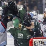 Everett Silvertips forward Jaxsin Vaughan gets hit in the face during game seven of the second round of the WHL playoffs against the Portland Winterhawks on Tuesday, April 22, 2025 in Everett, Washington. (Olivia Vanni / The Herald)