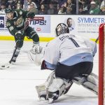 Everett Silvertips forward Zackary Shantz takes a shot on goal during game seven of the second round of the WHL playoffs against the Portland Winterhawks on Tuesday, April 22, 2025 in Everett, Washington. (Olivia Vanni / The Herald)